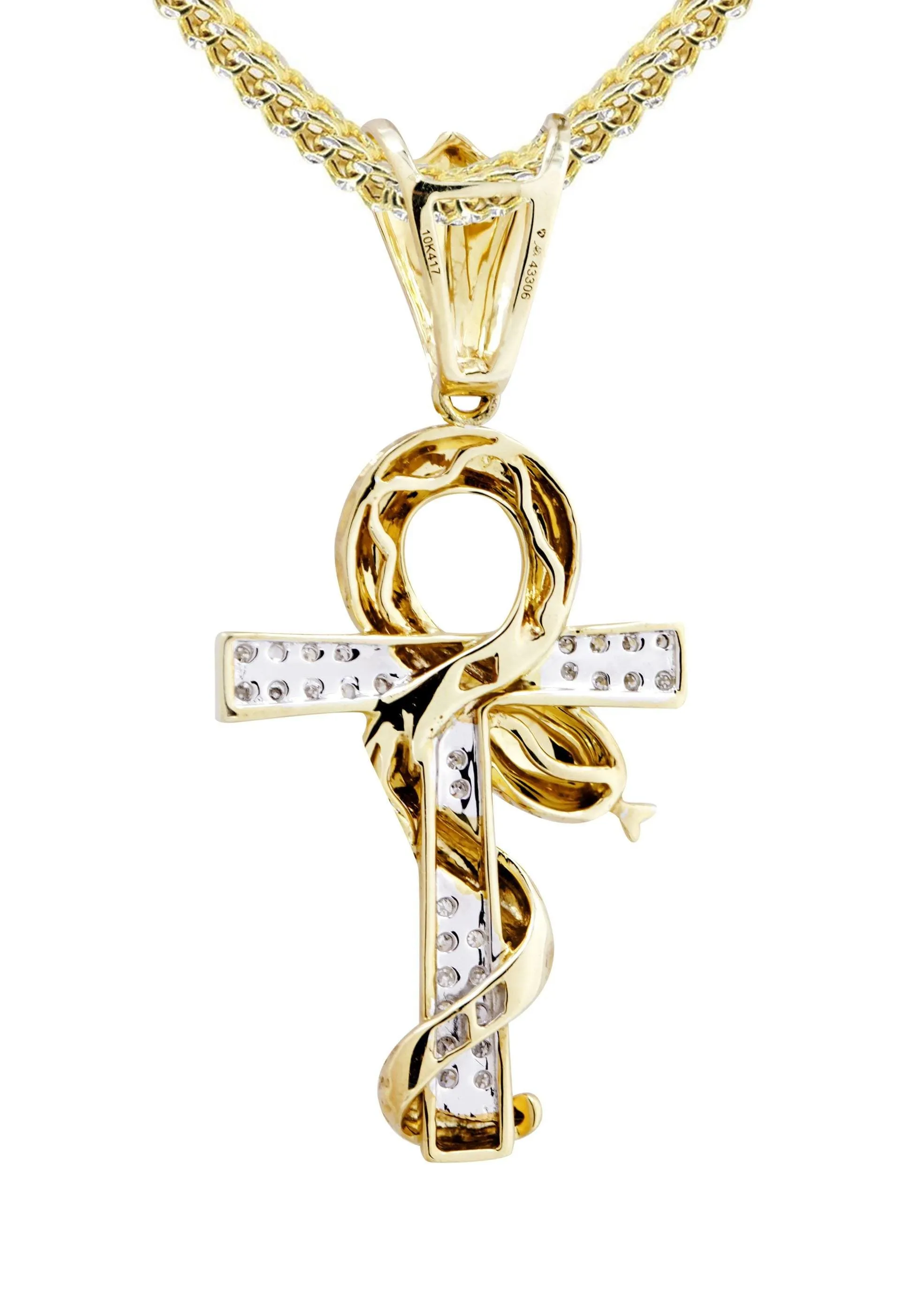 Stunning 10K Yellow Gold Diamond Serpent Ankh Necklace - 0.17 Carats of Sparkling Elegance