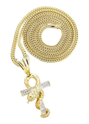 Stunning 10K Yellow Gold Diamond Serpent Ankh Necklace - 0.17 Carats of Sparkling Elegance