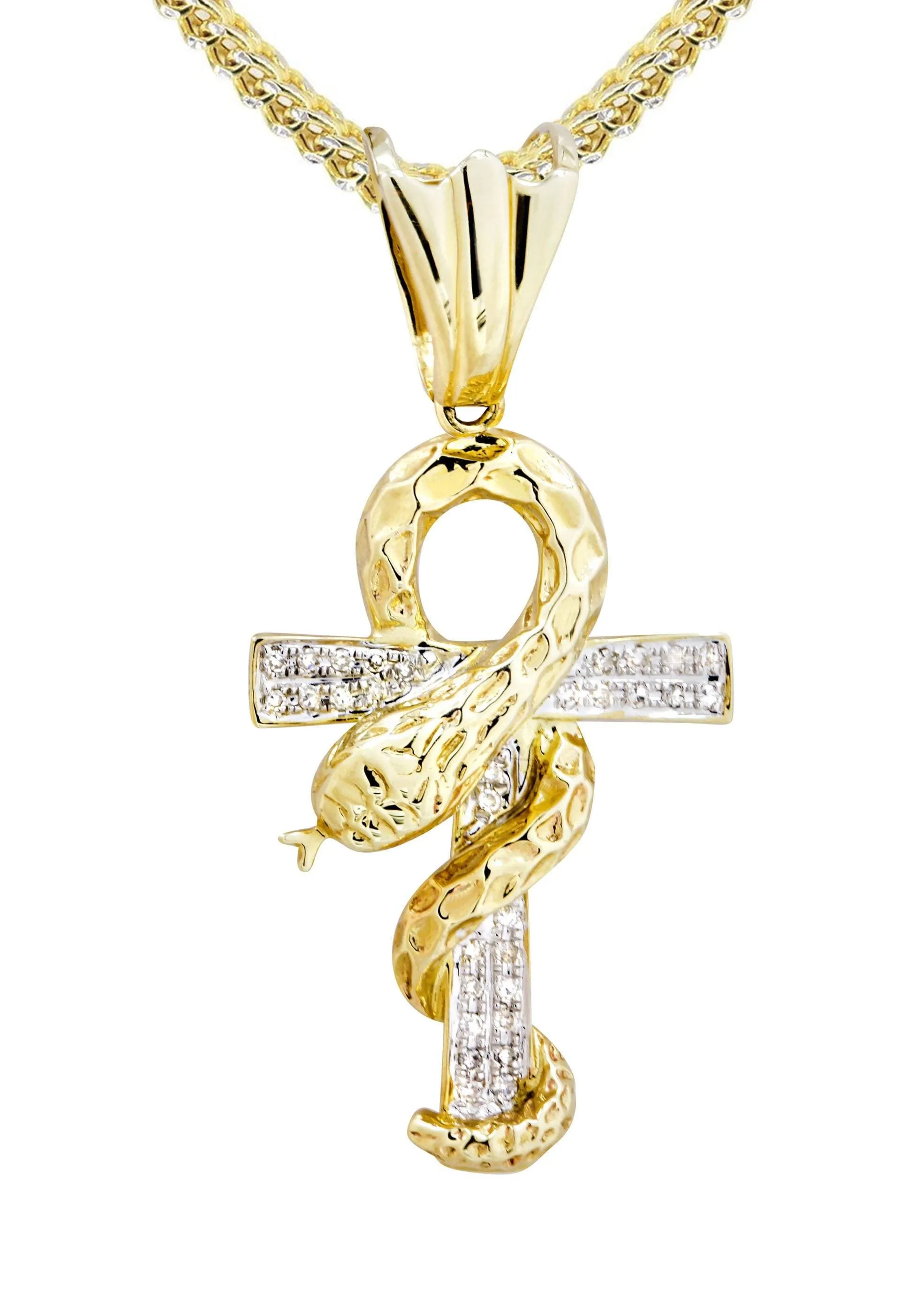 Stunning 10K Yellow Gold Diamond Serpent Ankh Necklace - 0.17 Carats of Sparkling Elegance