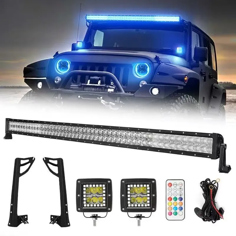 52" RGBW Dual Row LED Light Bar & 2 RGB Pods & All Brackets for 2007-2018 Jeep Wrangler JK