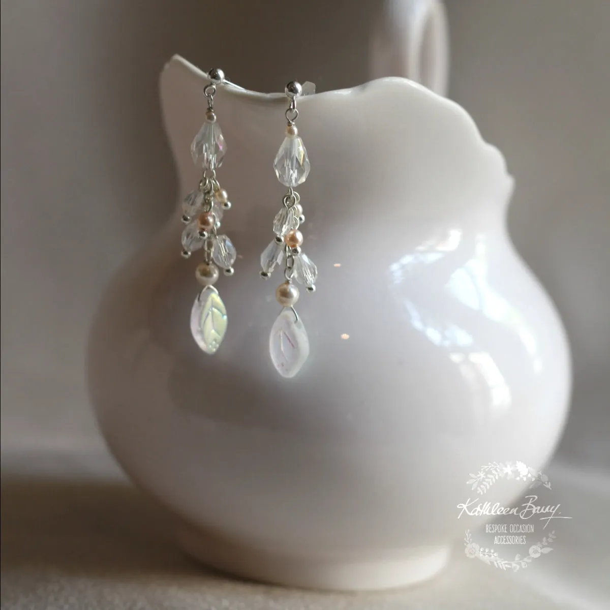 Alexa leaf drop earrings opalescent crystal and pearl detailing silver, gold or rose gold