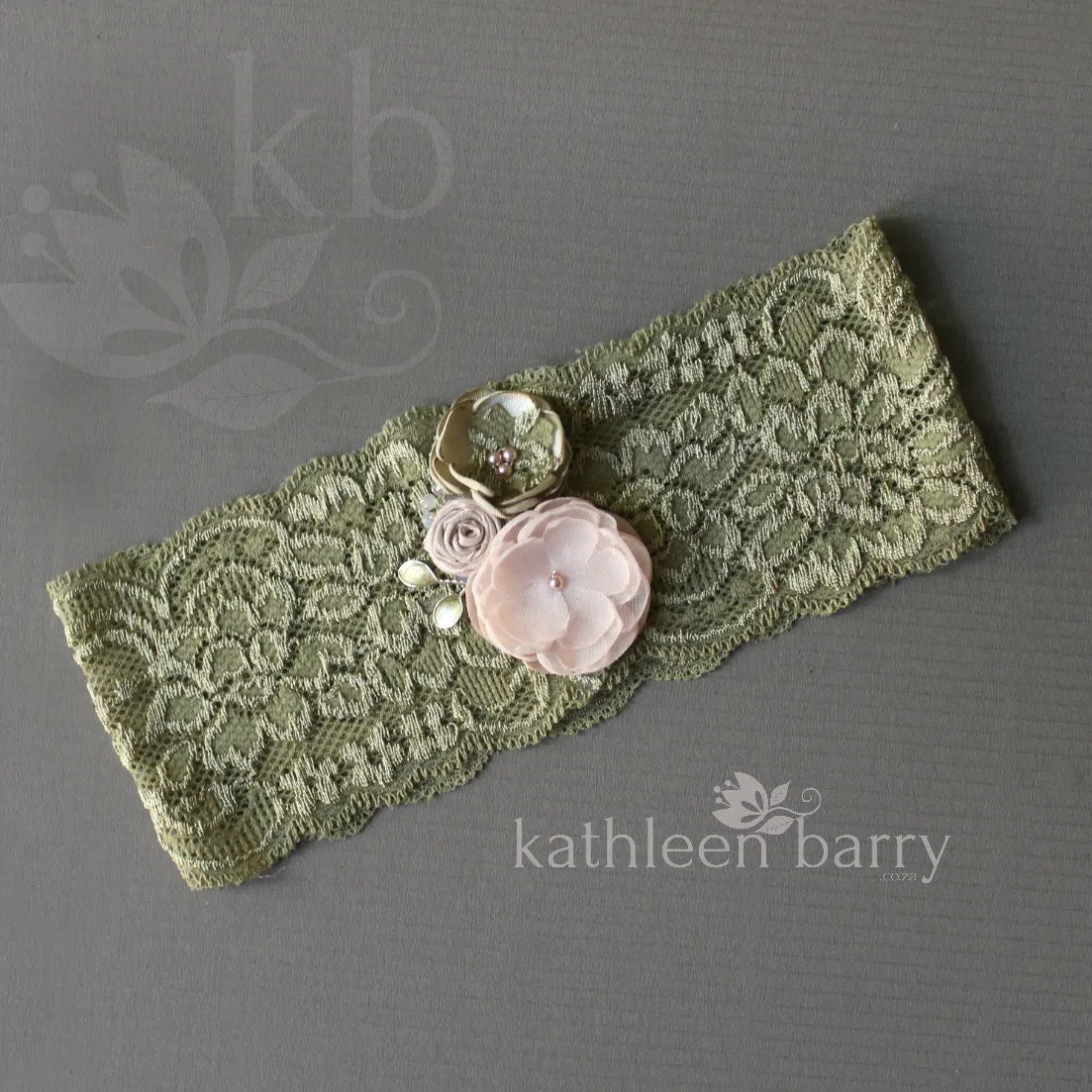 Anique Garter sage green & blush pink flower detail - Custom colors to order