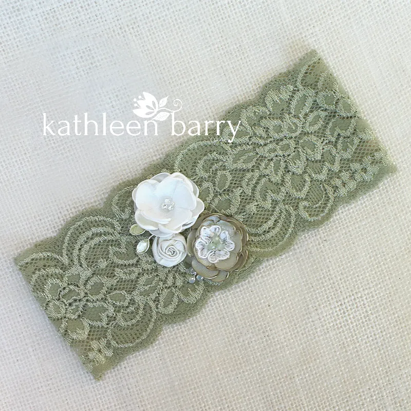 Anique Garter sage green & blush pink flower detail - Custom colors to order