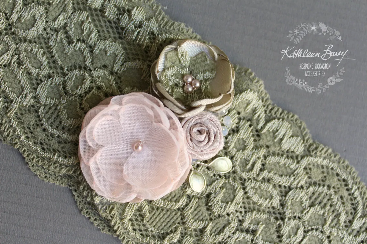 Anique Garter sage green & blush pink flower detail - Custom colors to order