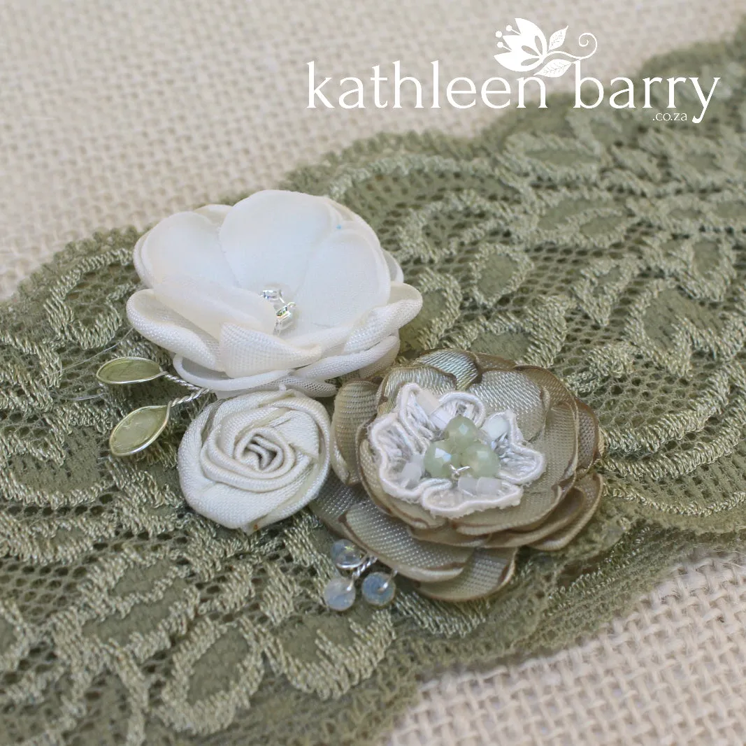 Anique Garter sage green & blush pink flower detail - Custom colors to order