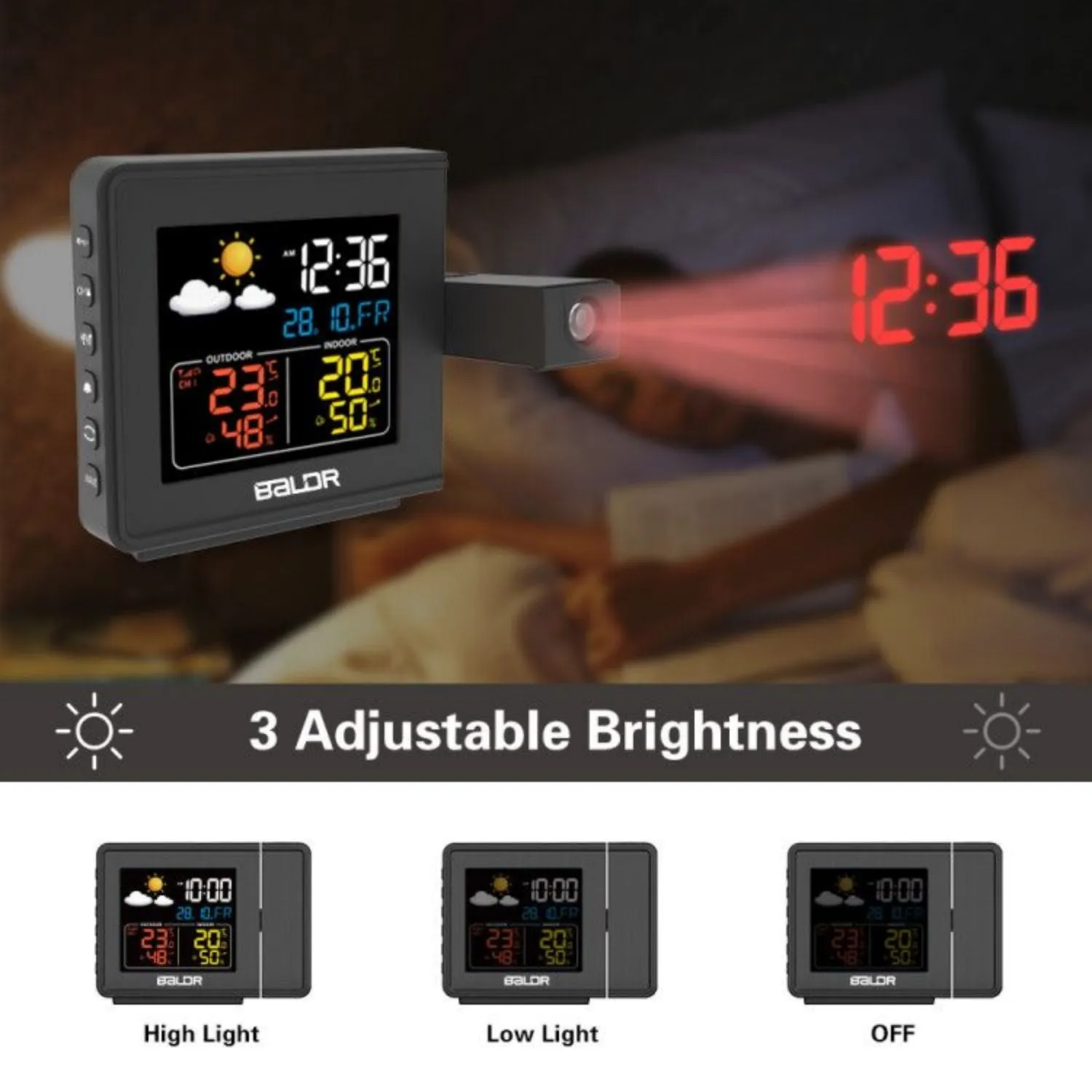 Baldr Atomic Alarm Clock with Projection Display, Indoor and Outdoor Temperature, Humidity Meter, Weather Forecasting, and more