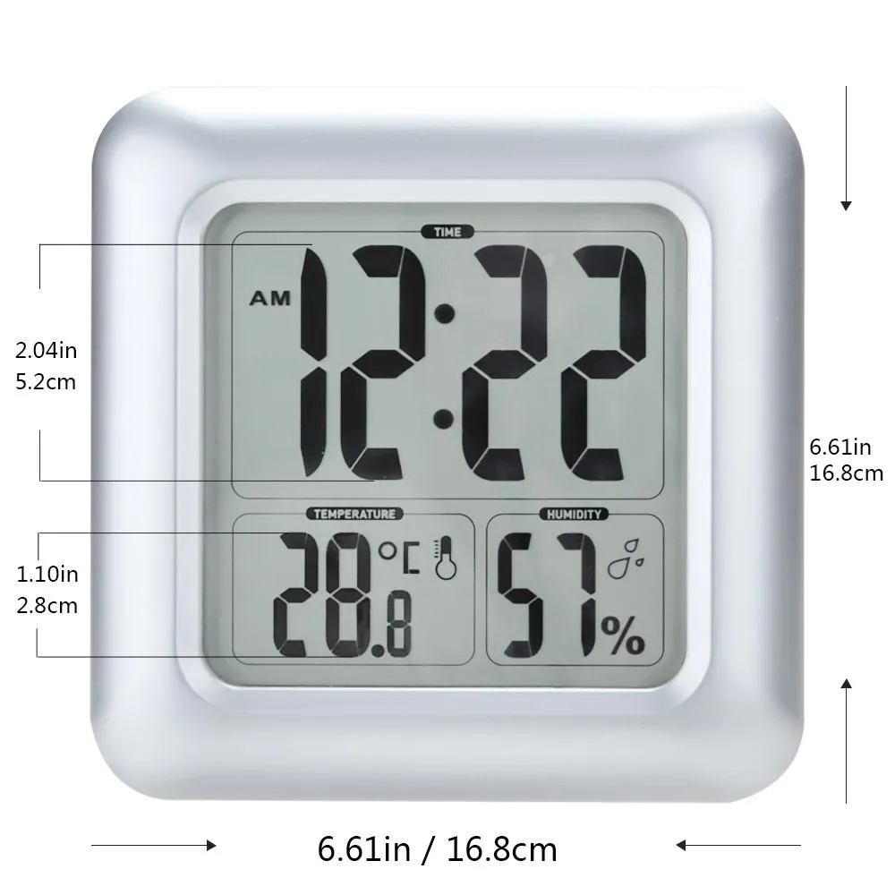 BALDR Waterproof Digital Shower Clock For Bathroom - Large LCD Display For Temperature and Humidity, Thermometer & Hygrometer, Shatterproof Fiberglass