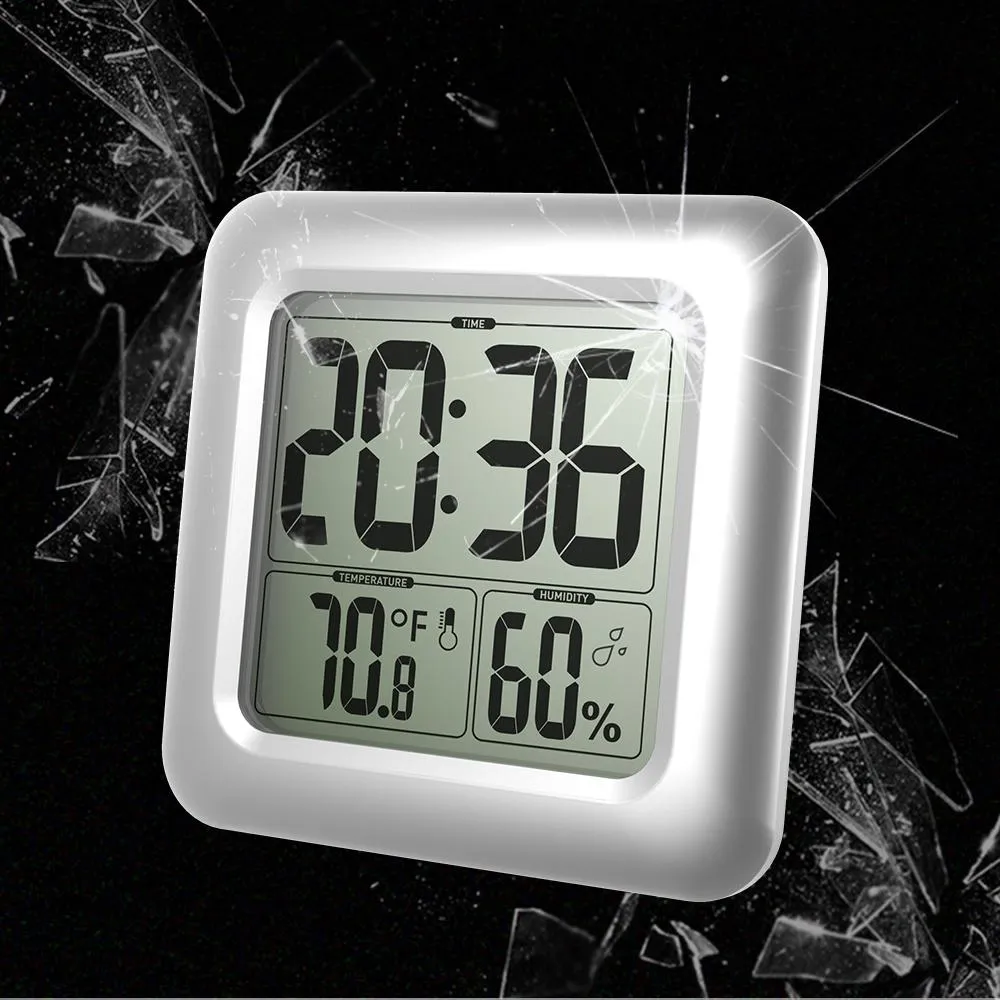 BALDR Waterproof Digital Shower Clock For Bathroom - Large LCD Display For Temperature and Humidity, Thermometer & Hygrometer, Shatterproof Fiberglass