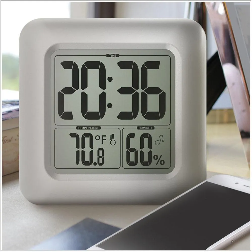 BALDR Waterproof Digital Shower Clock For Bathroom - Large LCD Display For Temperature and Humidity, Thermometer & Hygrometer, Shatterproof Fiberglass