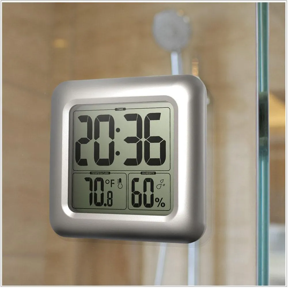 BALDR Waterproof Digital Shower Clock For Bathroom - Large LCD Display For Temperature and Humidity, Thermometer & Hygrometer, Shatterproof Fiberglass