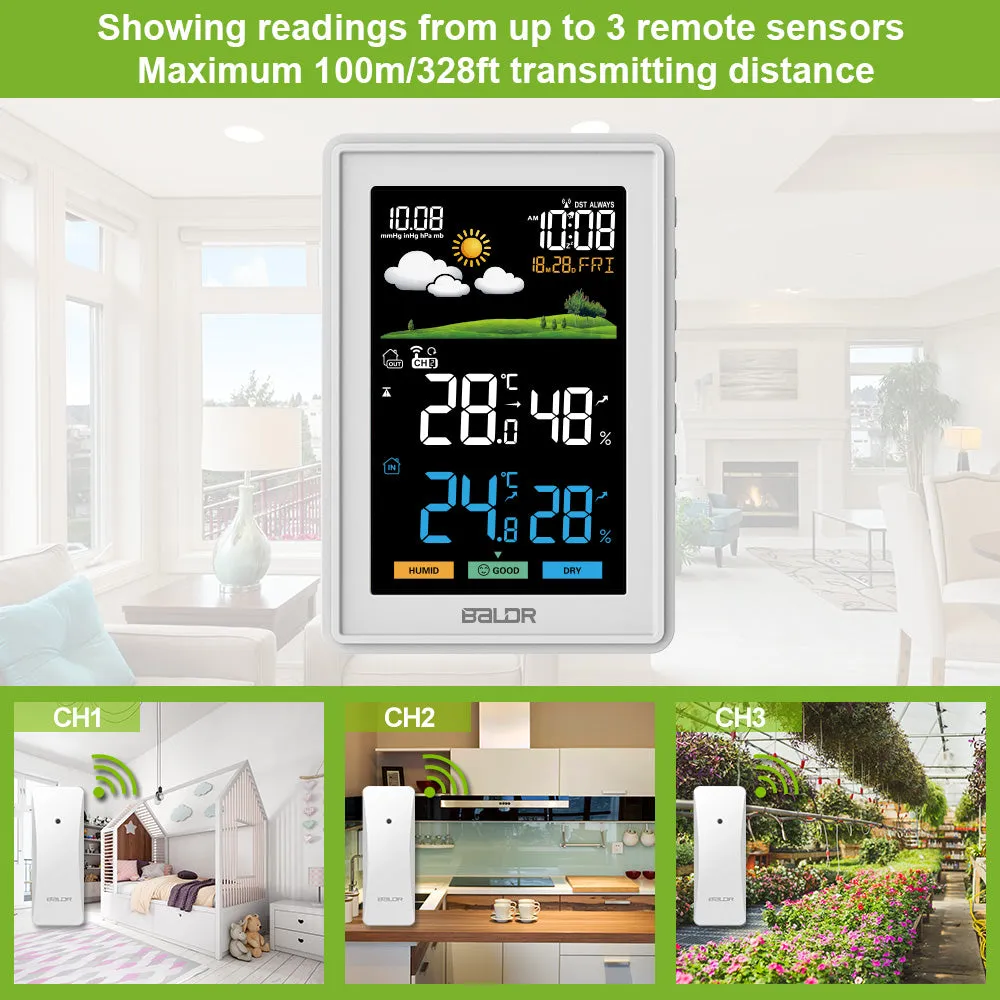 BALDR Weather Station Wireless Indoor Outdoor Thermometer - Color LCD Display Weather Forecast - Atomic Wall Clock