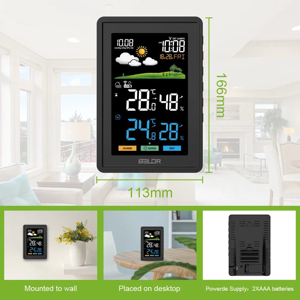 BALDR Weather Station Wireless Indoor Outdoor Thermometer - Color LCD Display Weather Forecast - Atomic Wall Clock