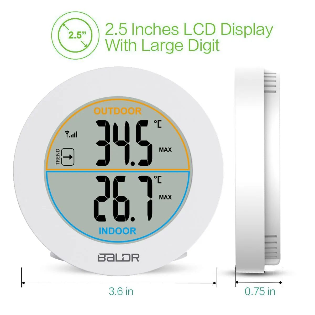 BALDR Wireless Indoor/Outdoor Thermometer - 2.5”LCD Display Thermometer with Min/Max Records & Trend Arrows