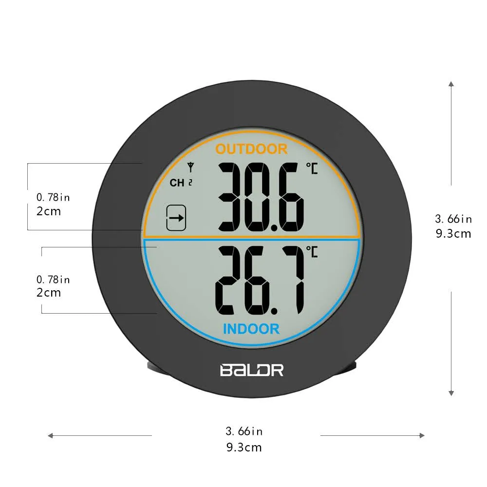 BALDR Wireless Indoor/Outdoor Thermometer - 2.5”LCD Display Thermometer with Min/Max Records & Trend Arrows