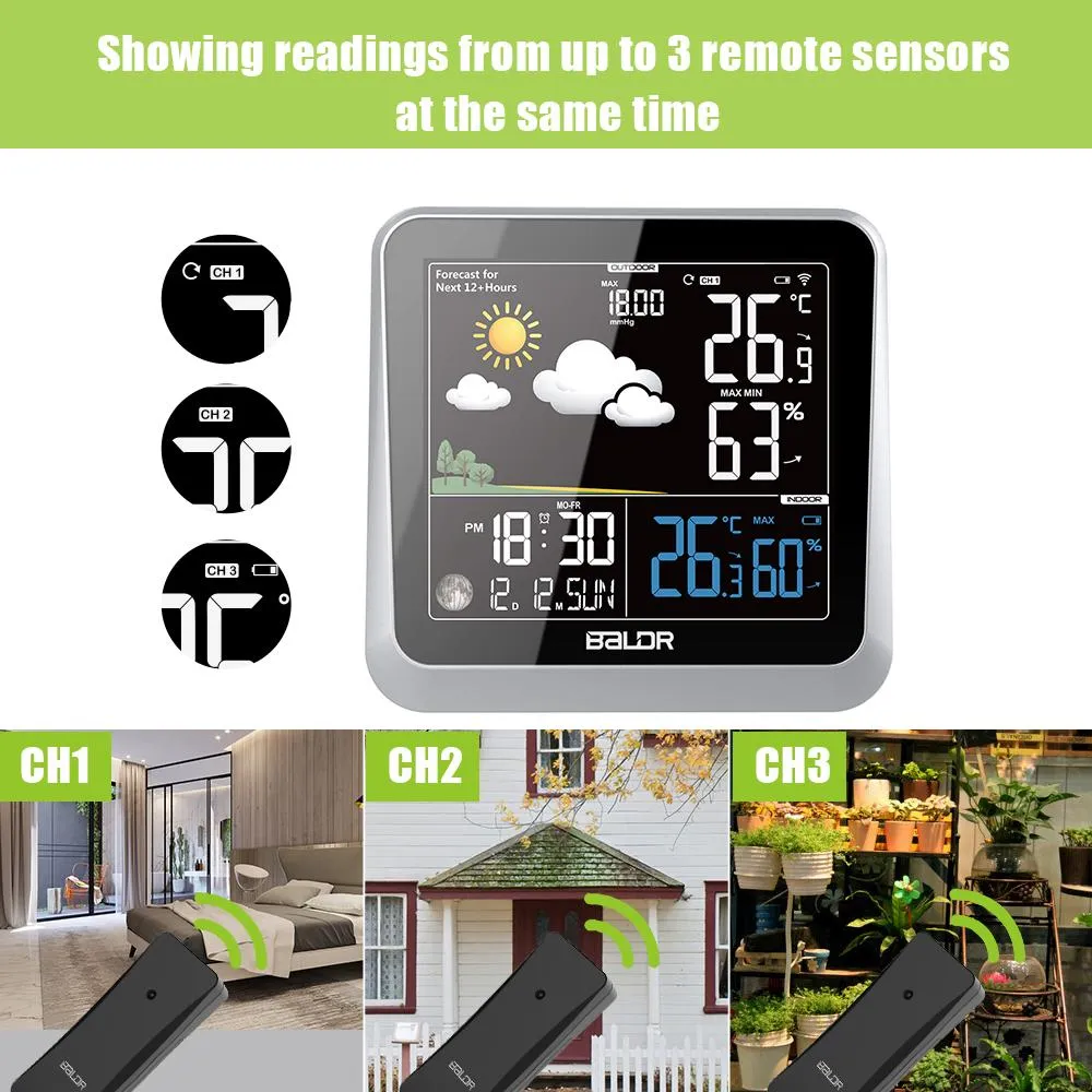 BALDR Wireless Indoor/Outdoor Weather Station - Thermometer & Hygrometer - Temperature & Humidity - Constant Backlight - Power Adapter Included