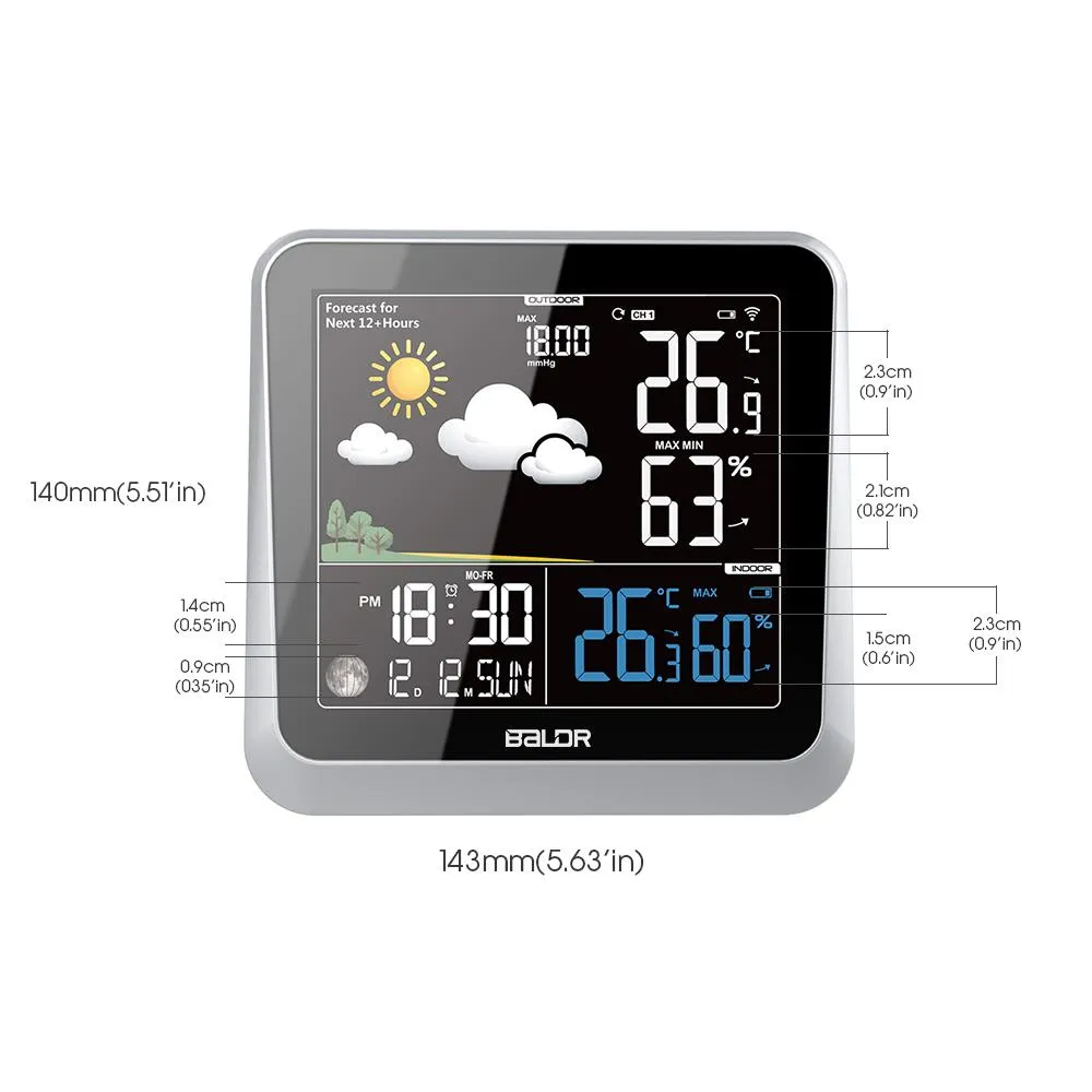 BALDR Wireless Indoor/Outdoor Weather Station - Thermometer & Hygrometer - Temperature & Humidity - Constant Backlight - Power Adapter Included