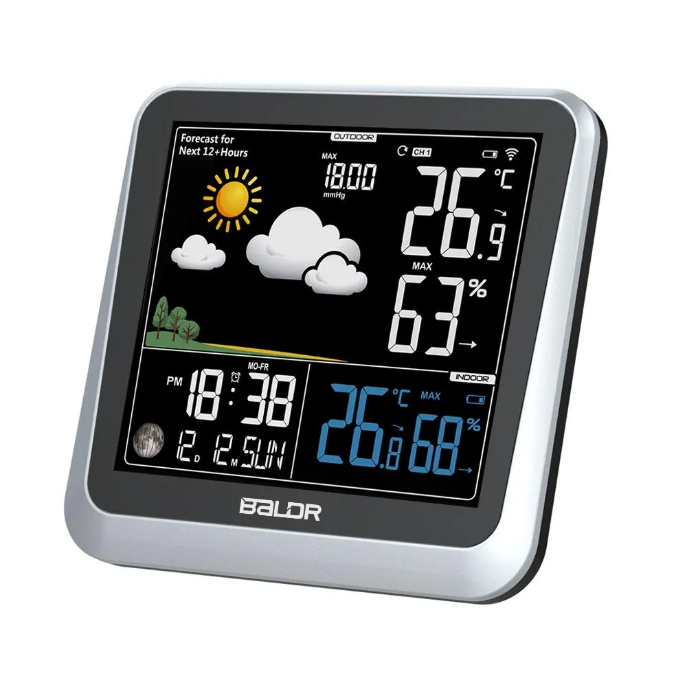 BALDR Wireless Indoor/Outdoor Weather Station - Thermometer & Hygrometer - Temperature & Humidity - Constant Backlight - Power Adapter Included