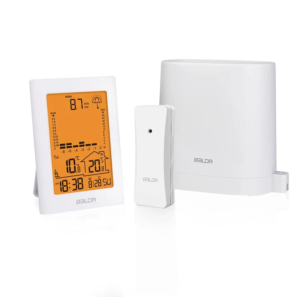 BALDR Wireless Rain Gauge with Remote Sensor, Rainfall Meter, Weather Station with Indoor and Outdoor Temperature Monitor