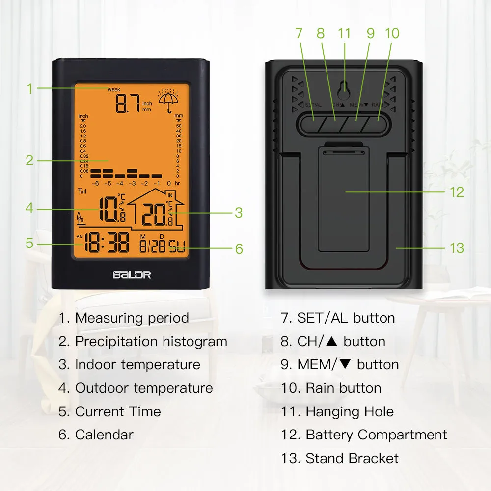 BALDR Wireless Rain Gauge with Remote Sensor, Rainfall Meter, Weather Station with Indoor and Outdoor Temperature Monitor