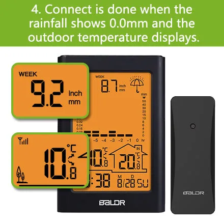 BALDR Wireless Rain Gauge with Remote Sensor, Rainfall Meter, Weather Station with Indoor and Outdoor Temperature Monitor