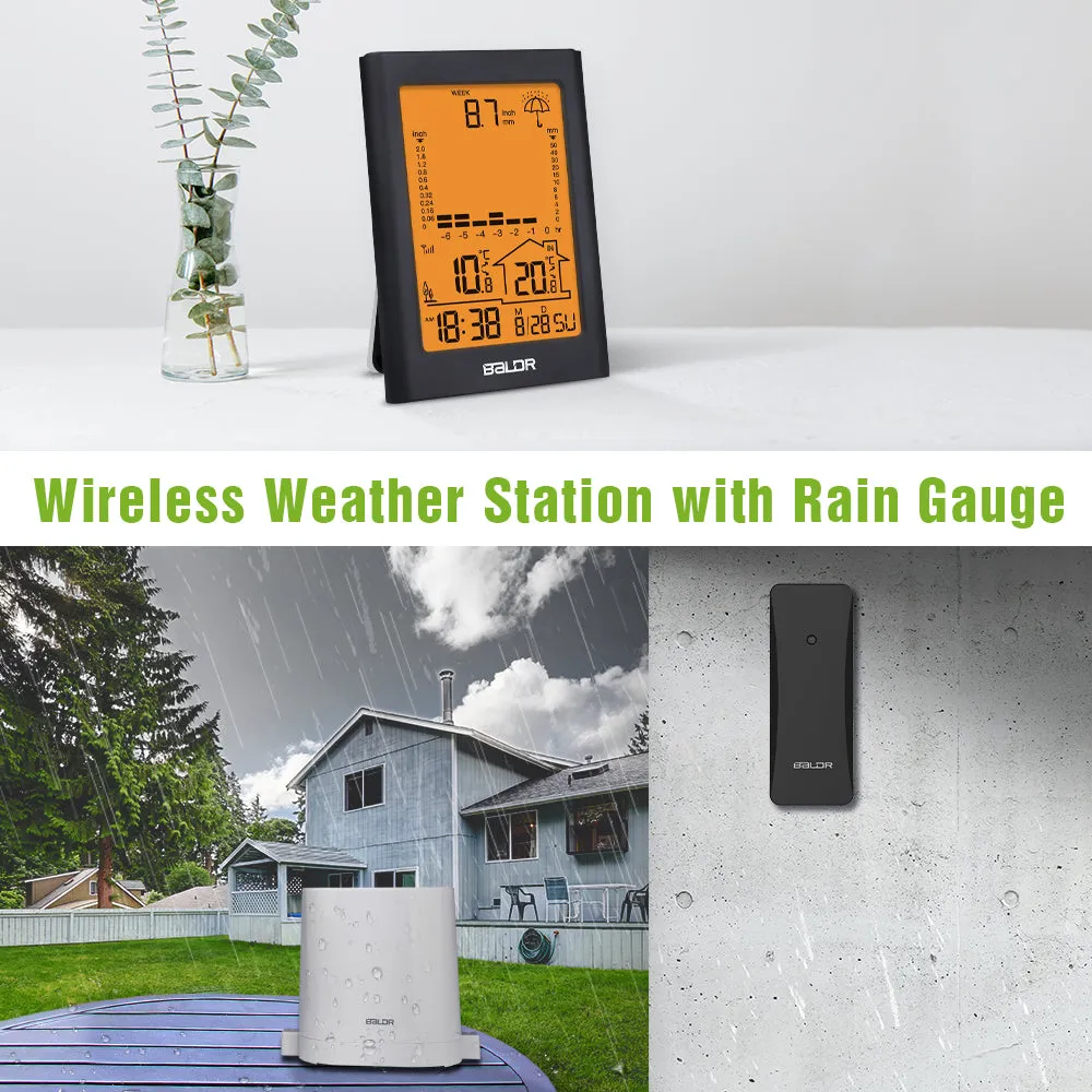 BALDR Wireless Rain Gauge with Remote Sensor, Rainfall Meter, Weather Station with Indoor and Outdoor Temperature Monitor