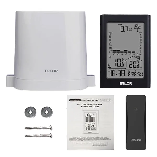 BALDR Wireless Rain Gauge with Remote Sensor, Rainfall Meter, Weather Station with Indoor and Outdoor Temperature Monitor