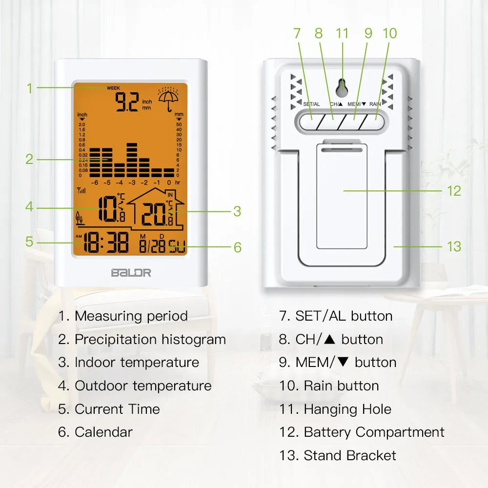 BALDR Wireless Rain Gauge with Remote Sensor, Rainfall Meter, Weather Station with Indoor and Outdoor Temperature Monitor