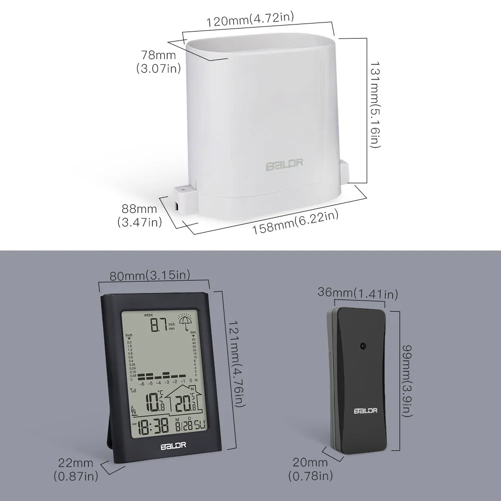 BALDR Wireless Rain Gauge with Remote Sensor, Rainfall Meter, Weather Station with Indoor and Outdoor Temperature Monitor