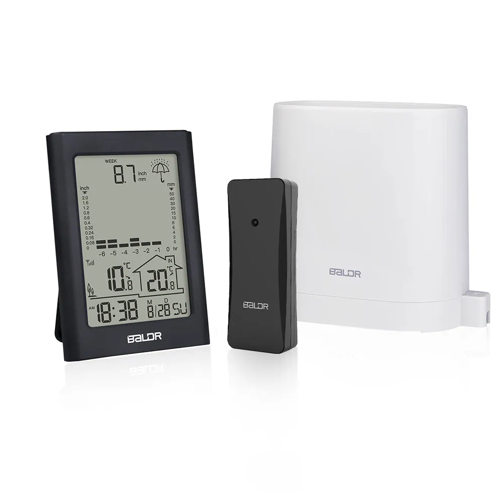 BALDR Wireless Rain Gauge with Remote Sensor, Rainfall Meter, Weather Station with Indoor and Outdoor Temperature Monitor