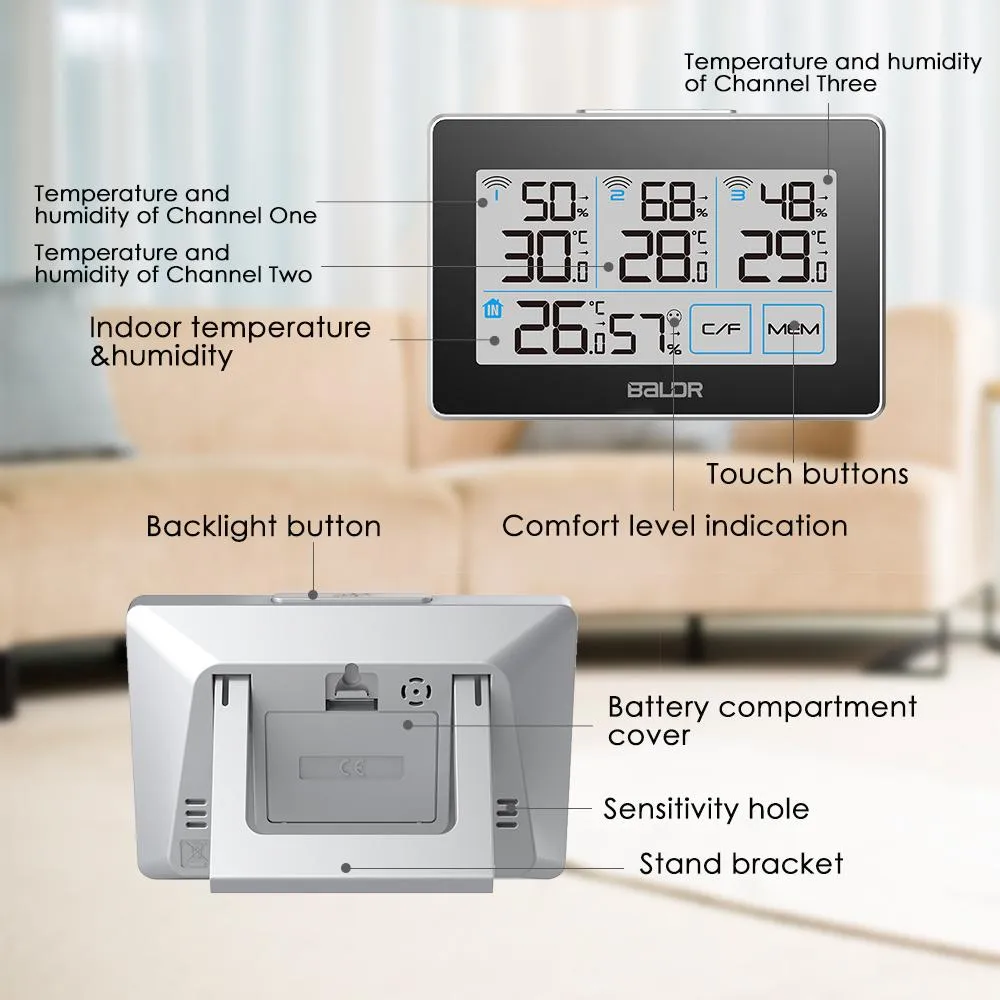 BALDR WS0317BL3 Digital Wireless Weather Station | Accurate Humidity Gauge & Temperature Tracking - Monitor 4 Locations - Includes 3 Remote Sensors