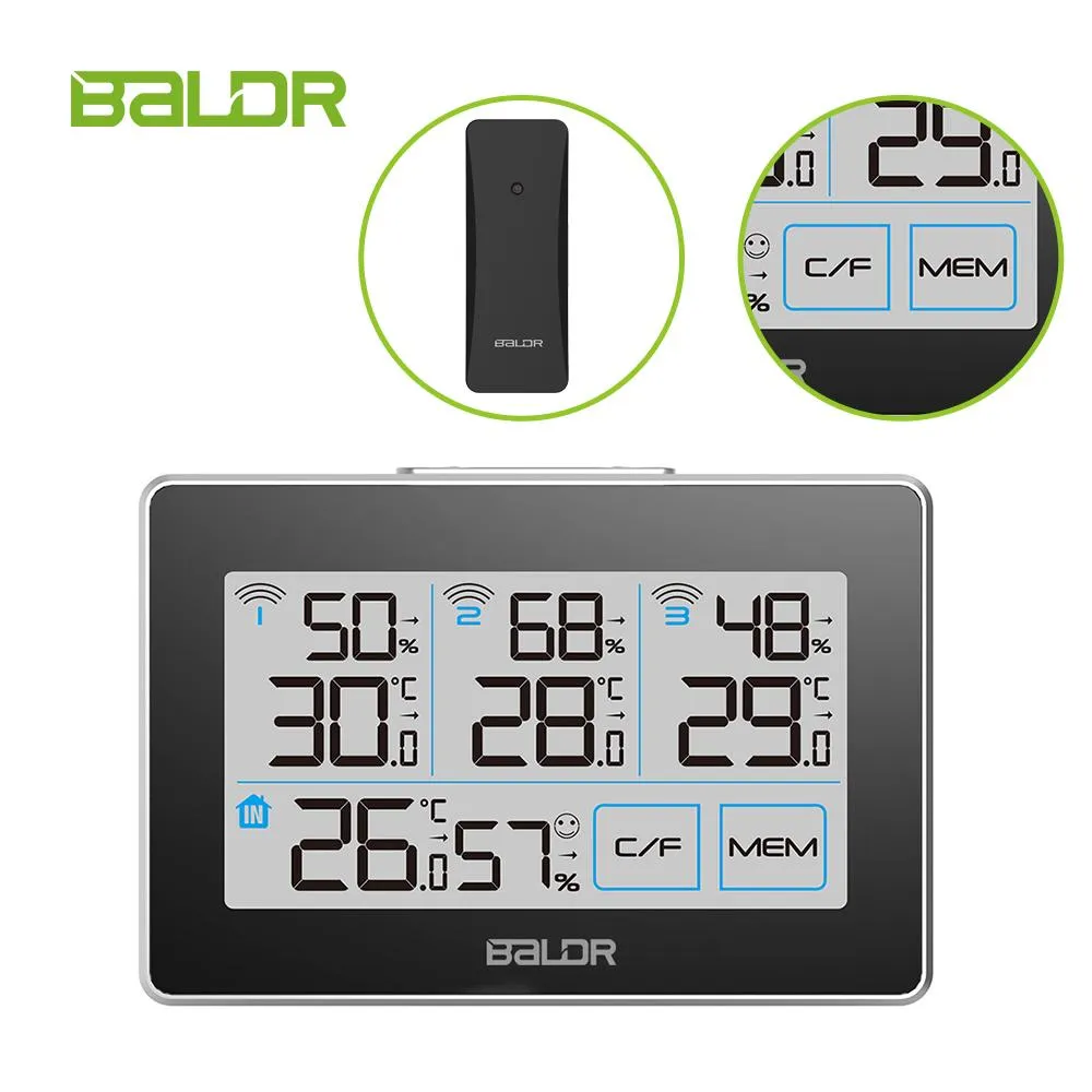 BALDR WS0317BL3 Digital Wireless Weather Station | Accurate Humidity Gauge & Temperature Tracking - Monitor 4 Locations - Includes 3 Remote Sensors