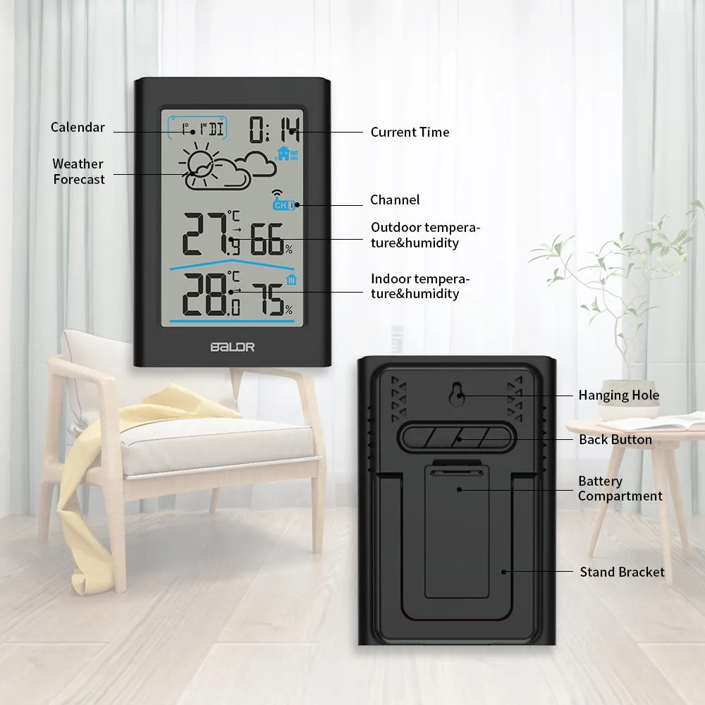 BALDR WS0341 Indoor & Outdoor Thermometer Hygrometer w/ Backlight, Wireless Weather Station, Temperature Monitor & Humidity Gauge, Battery-Operated