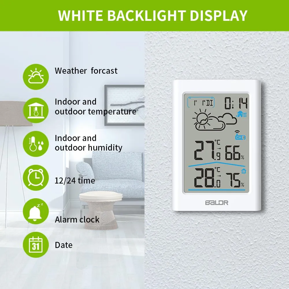 BALDR WS0341 Indoor & Outdoor Thermometer Hygrometer w/ Backlight, Wireless Weather Station, Temperature Monitor & Humidity Gauge, Battery-Operated