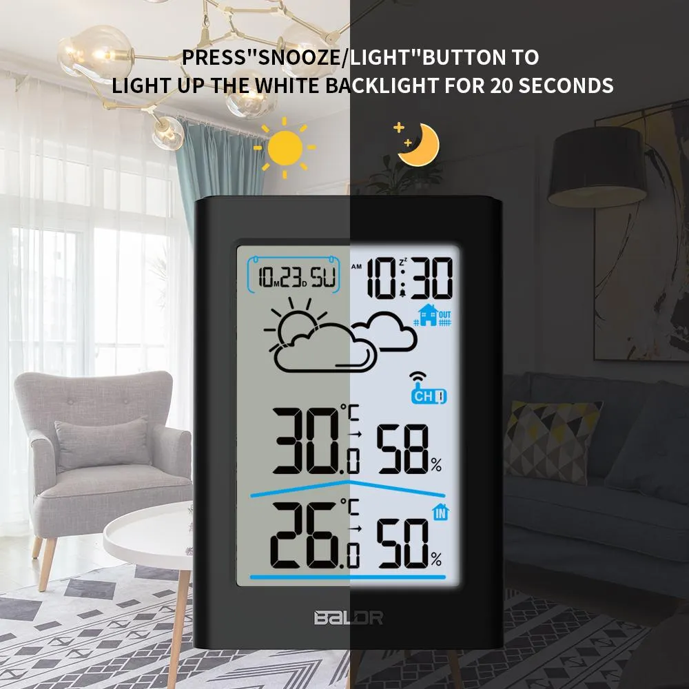 BALDR WS0341 Indoor & Outdoor Thermometer Hygrometer w/ Backlight, Wireless Weather Station, Temperature Monitor & Humidity Gauge, Battery-Operated