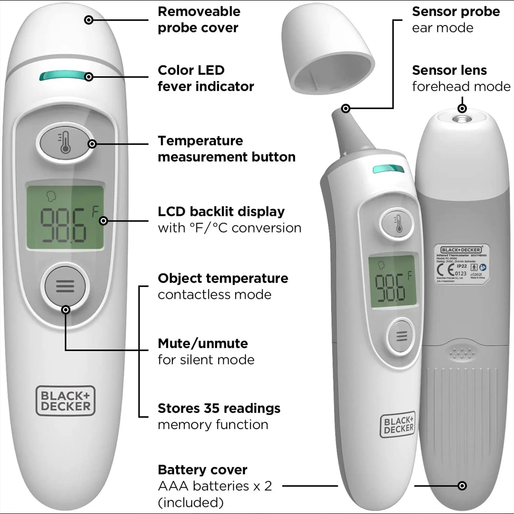 Black and Decker BDXTMB100 3 in 1 Infrared Forehead, Ear, & Object Thermometer