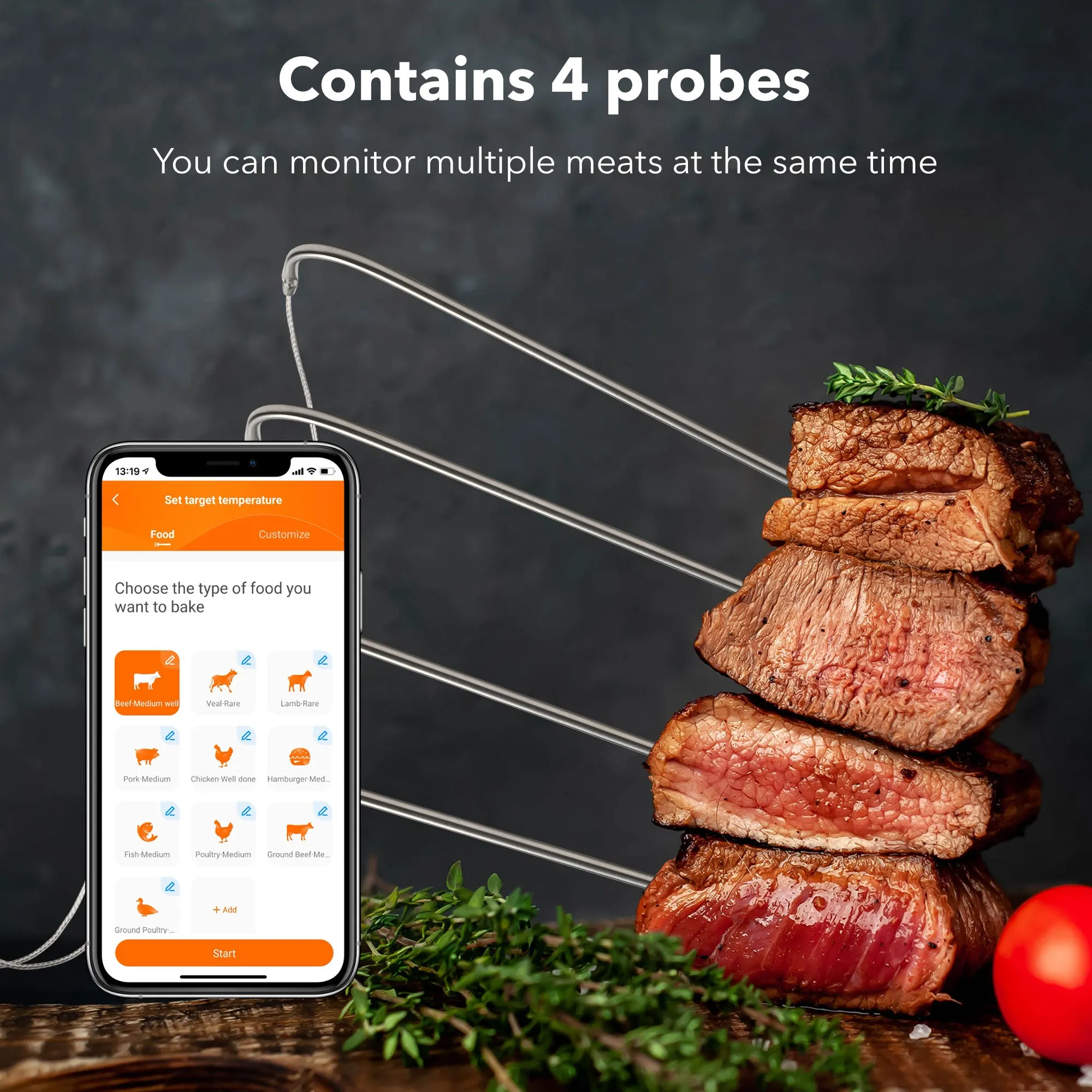 Bluetooth Meat Grill Thermometer with 4 Probes with Alarm & Timer HBN