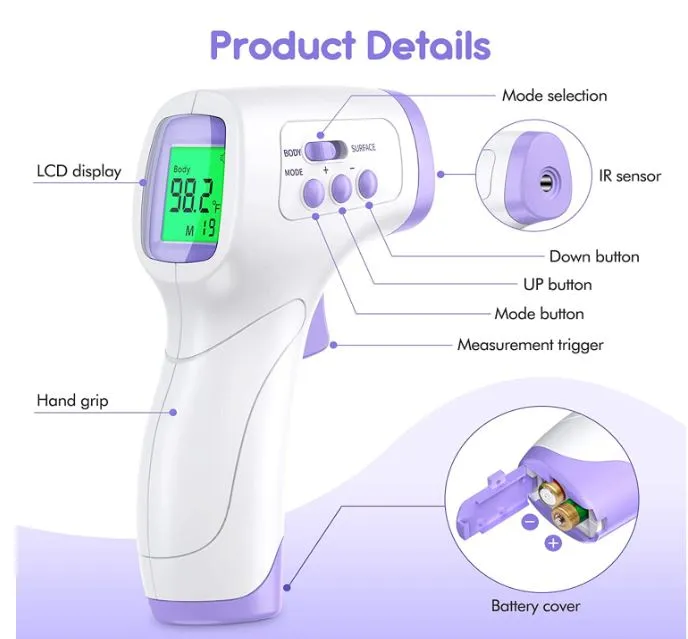 Digital Thermometer Infrared Baby Adult Non-Contact Body Temperature Meter LCD 3 Colors Forehead Thermometer Gun