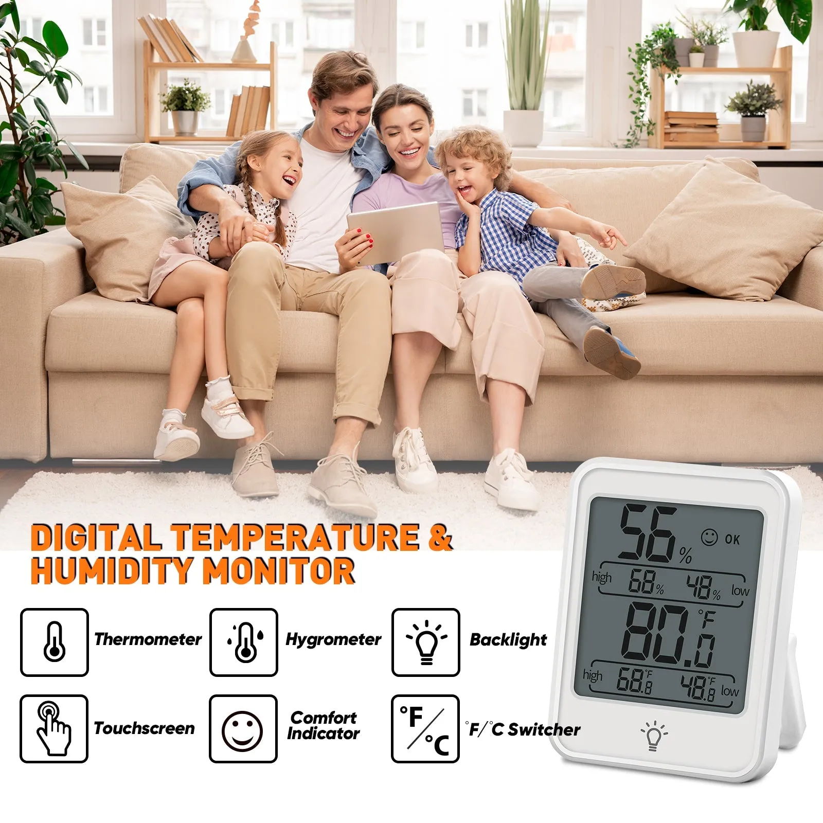 EAGLE PEAK Digital Hygrometer Thermometer Humidity Gauge with Backlight Display, Indoor Room Thermometer with Temperature Humidity Monitor for Nursery Room Greenhouse, White