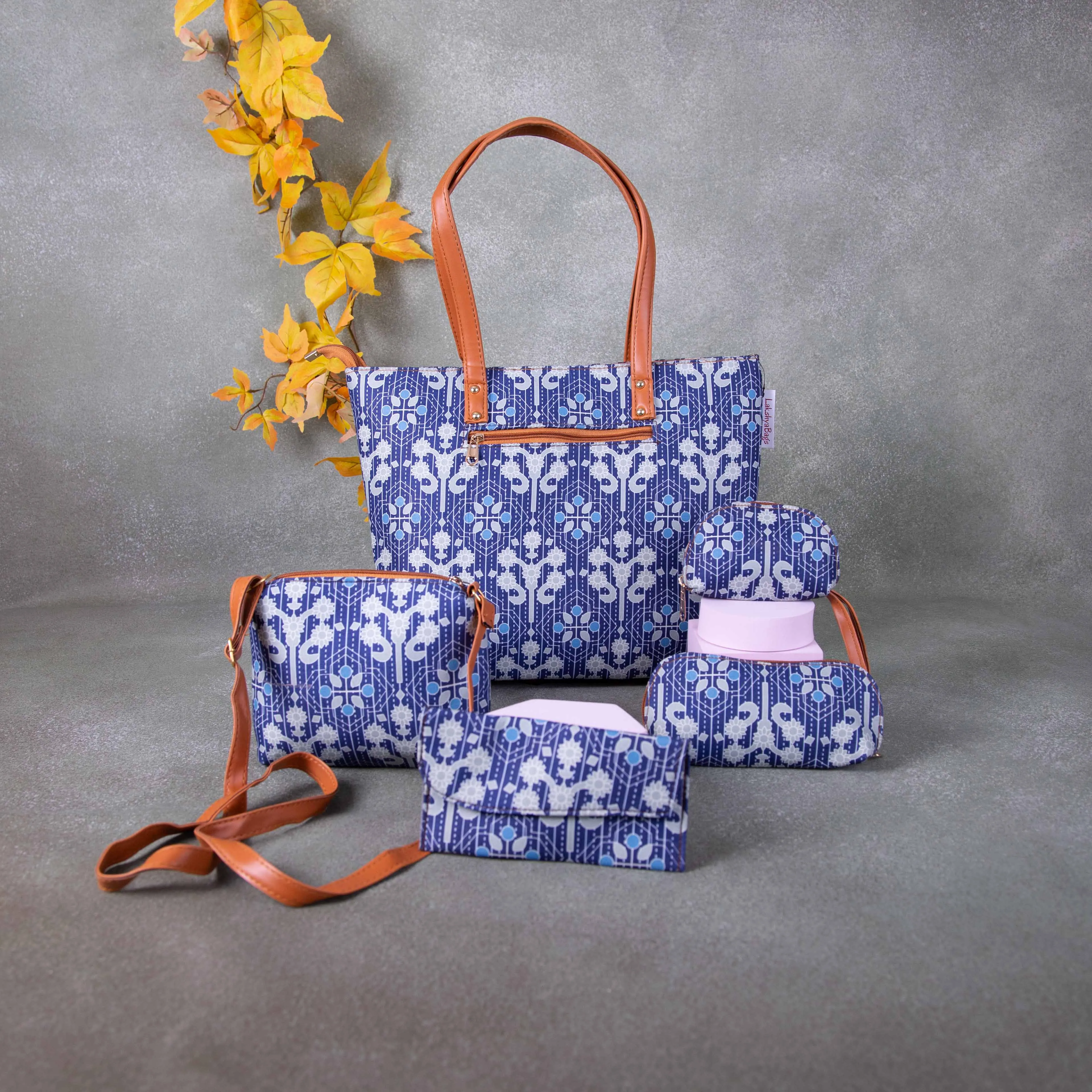 Go Special Tote Combo Set Blue with White Flower Design.