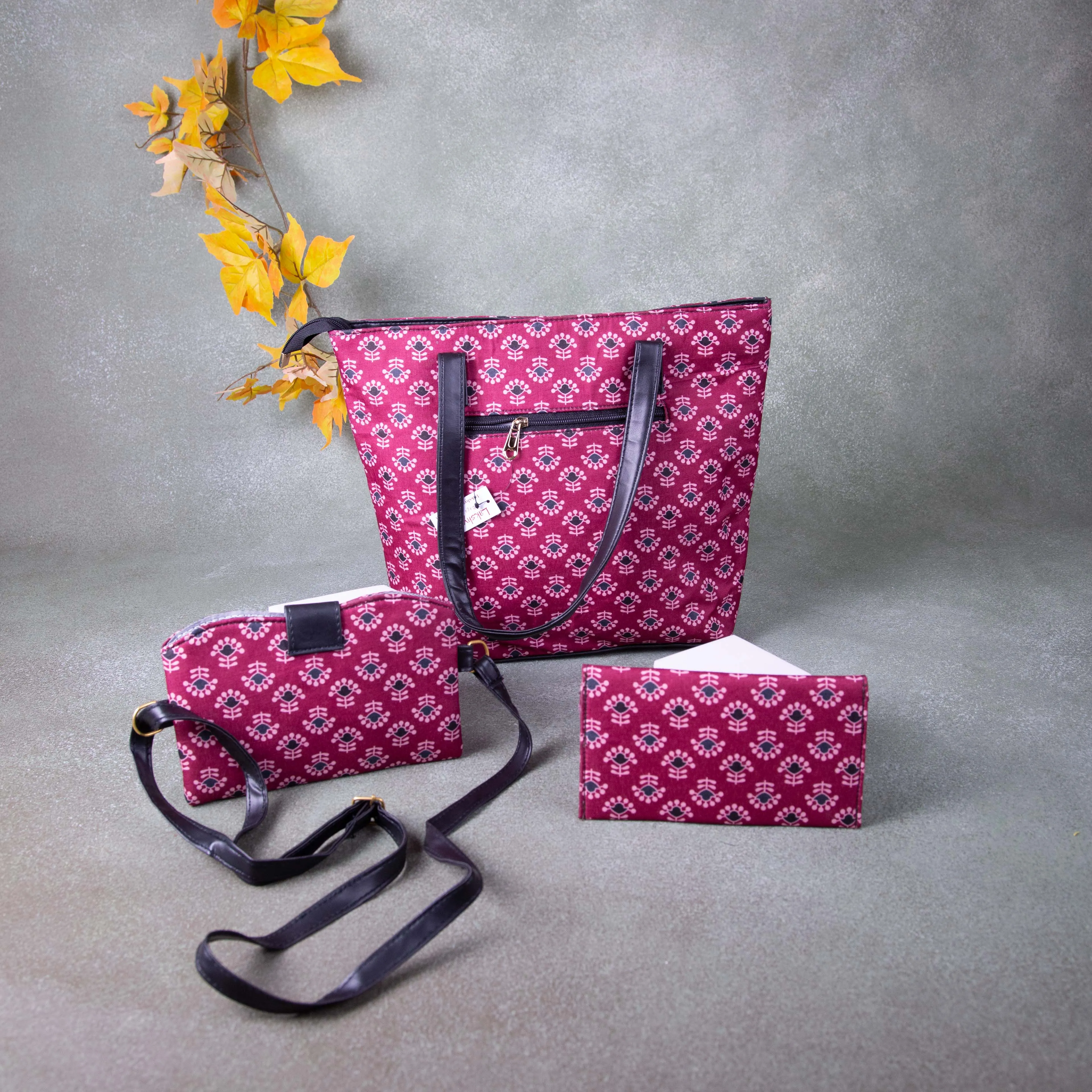 Go special Tote combo Set Maroon Colour With Blue Colour flower Design.