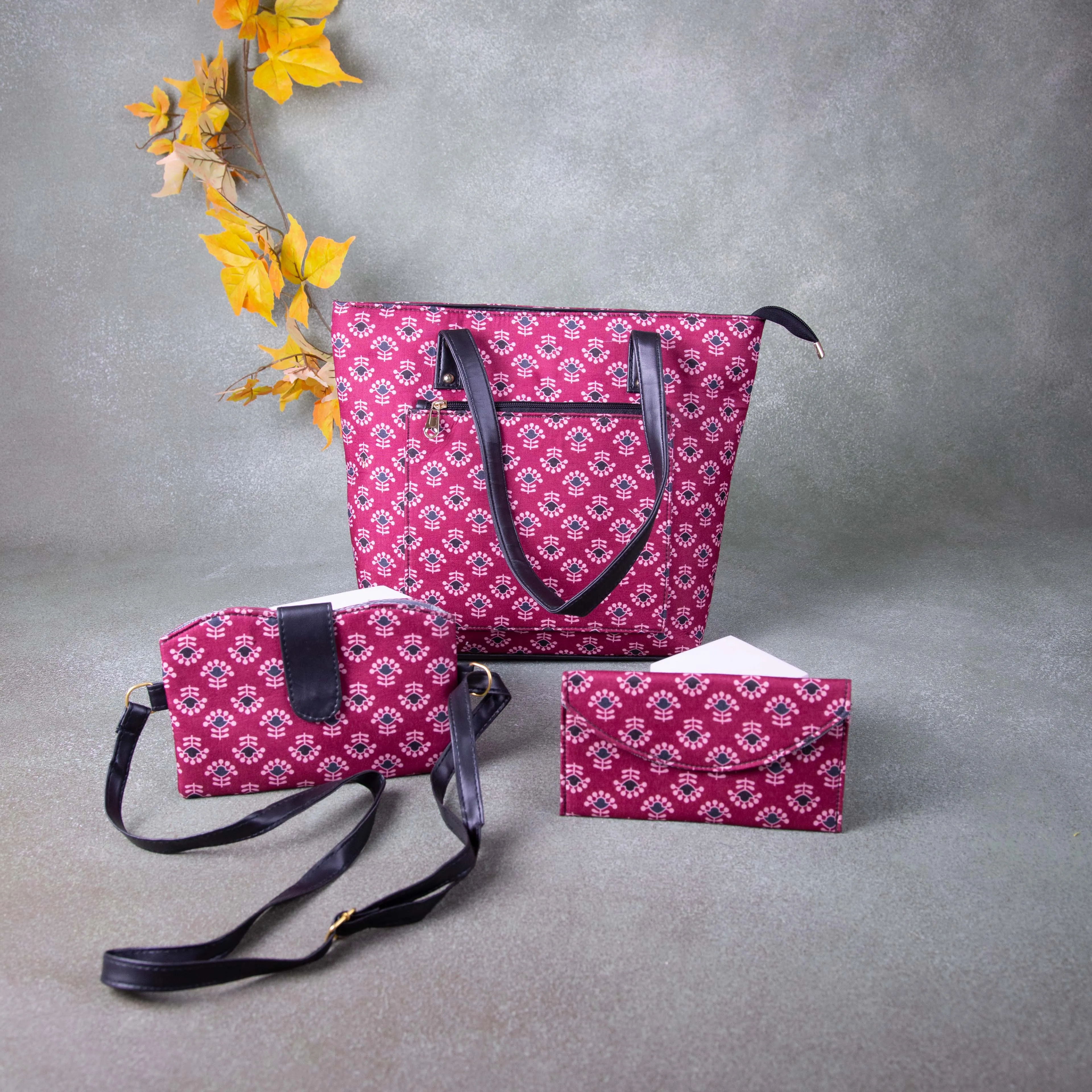 Go special Tote combo Set Maroon Colour With Blue Colour flower Design.