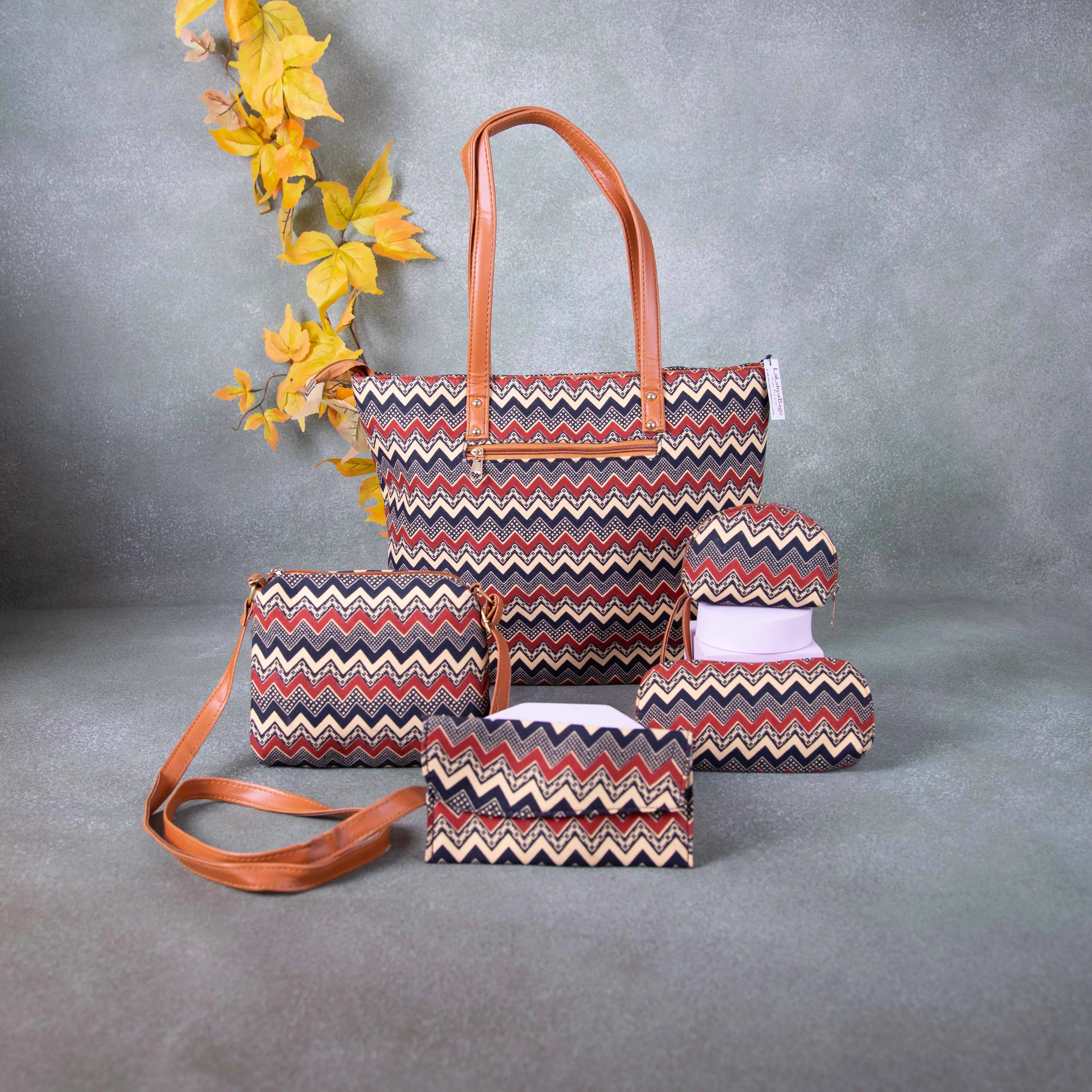 Go Special Tote Combo Set Maroon with Black Colour zig zag Design.