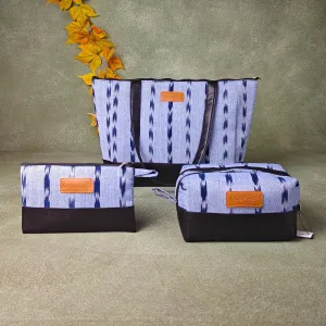 Hindustani Tote Combo Grey with Blue Ditsy Vertical Prints