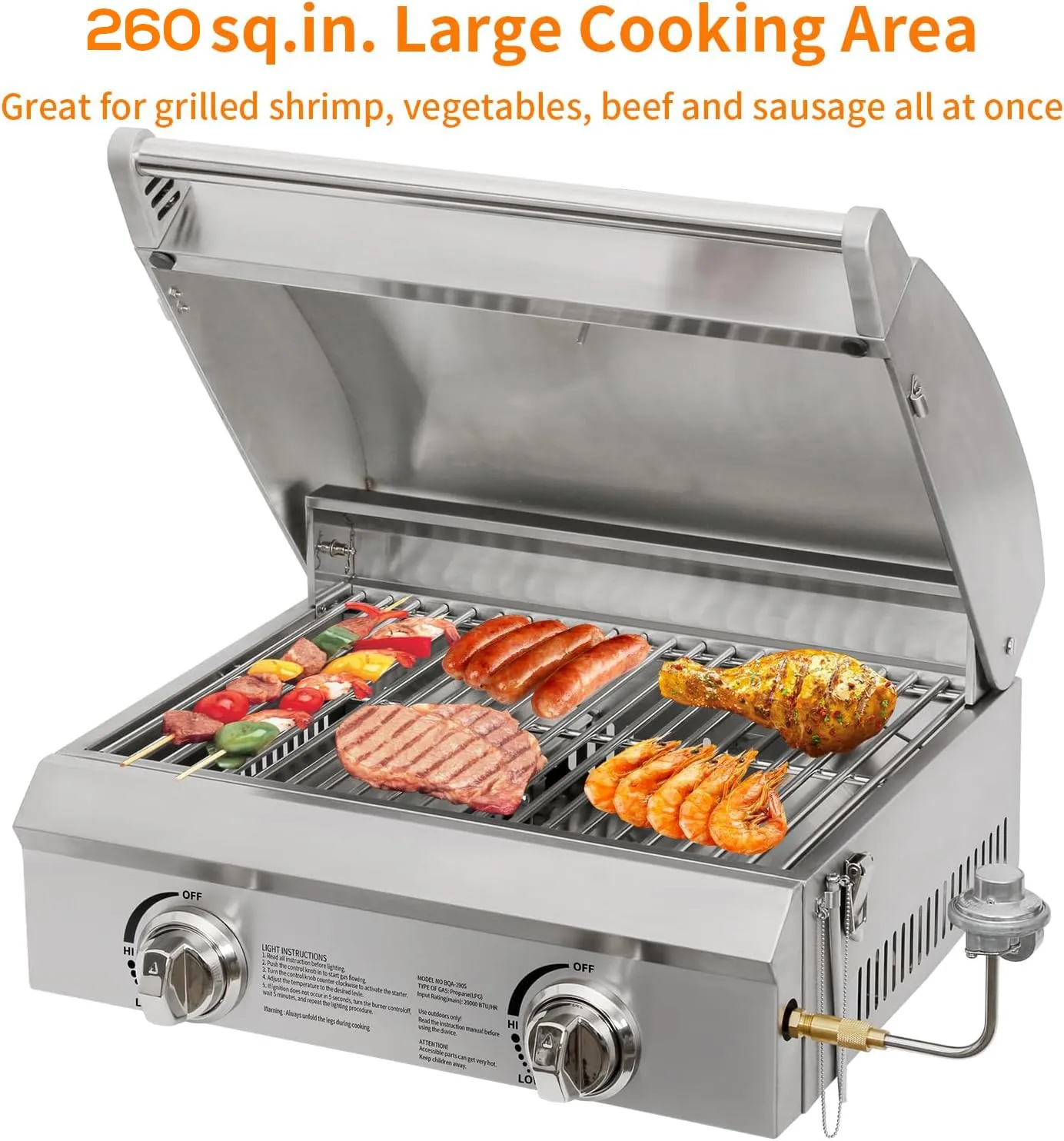 Hykolity 20 in. Portable Tabletop Gas Grill, 20,000 BTU Propane Gas Grill with Travel Locks & Built in Thermometer, Stainless Steel Table Top Camping Grill with Foldable Legs for Outdoor, Cooking