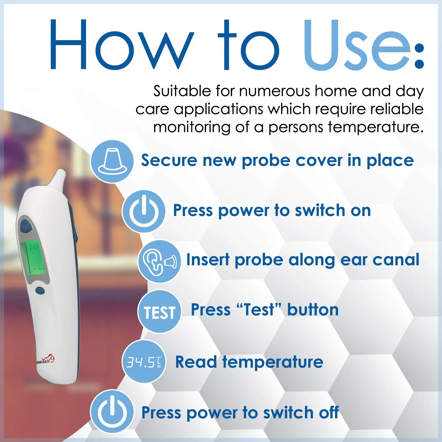 Infrared Digital LCD Ear Thermometer, 10 Memory Storage, Fast Response, White