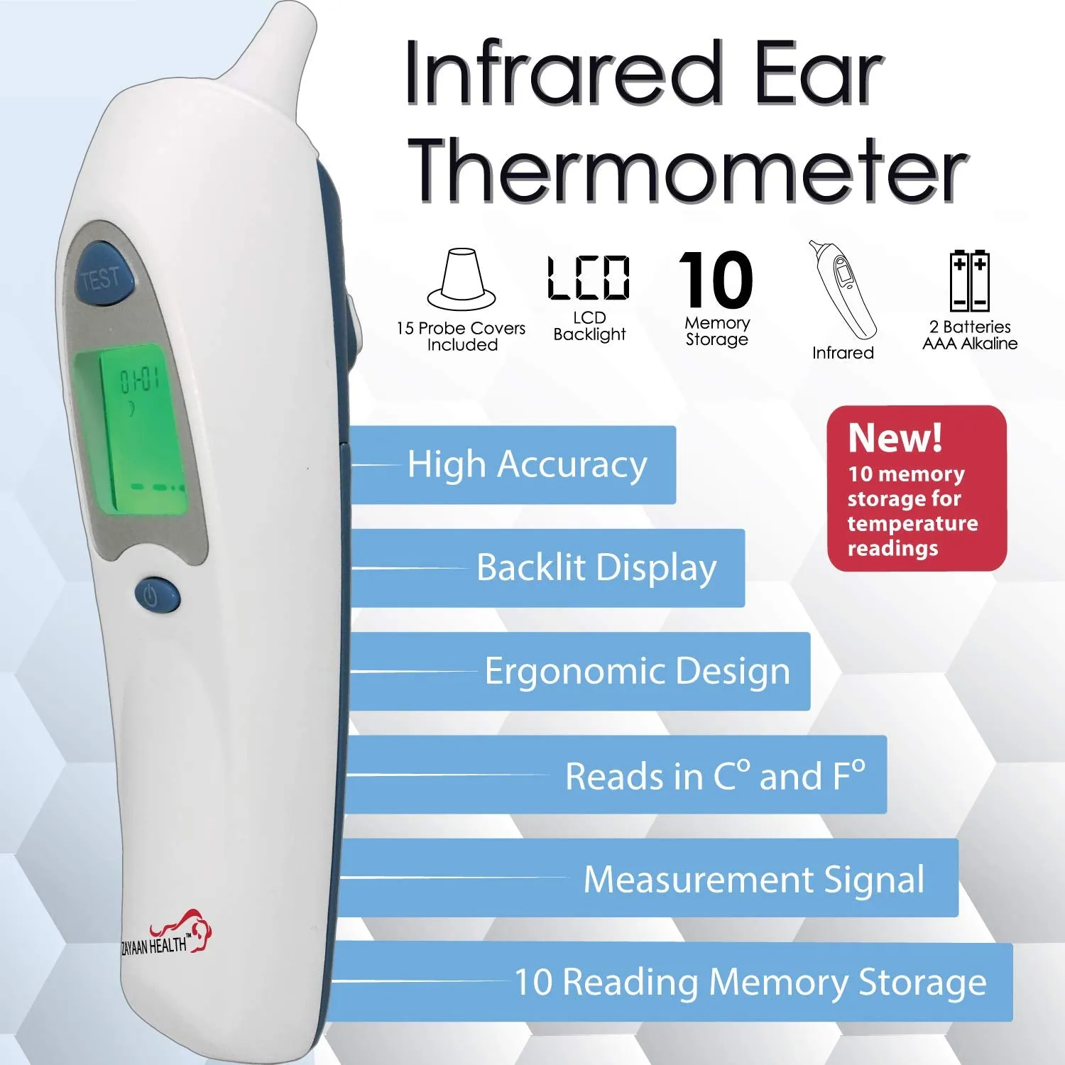 Infrared Digital LCD Ear Thermometer, 10 Memory Storage, Fast Response, White