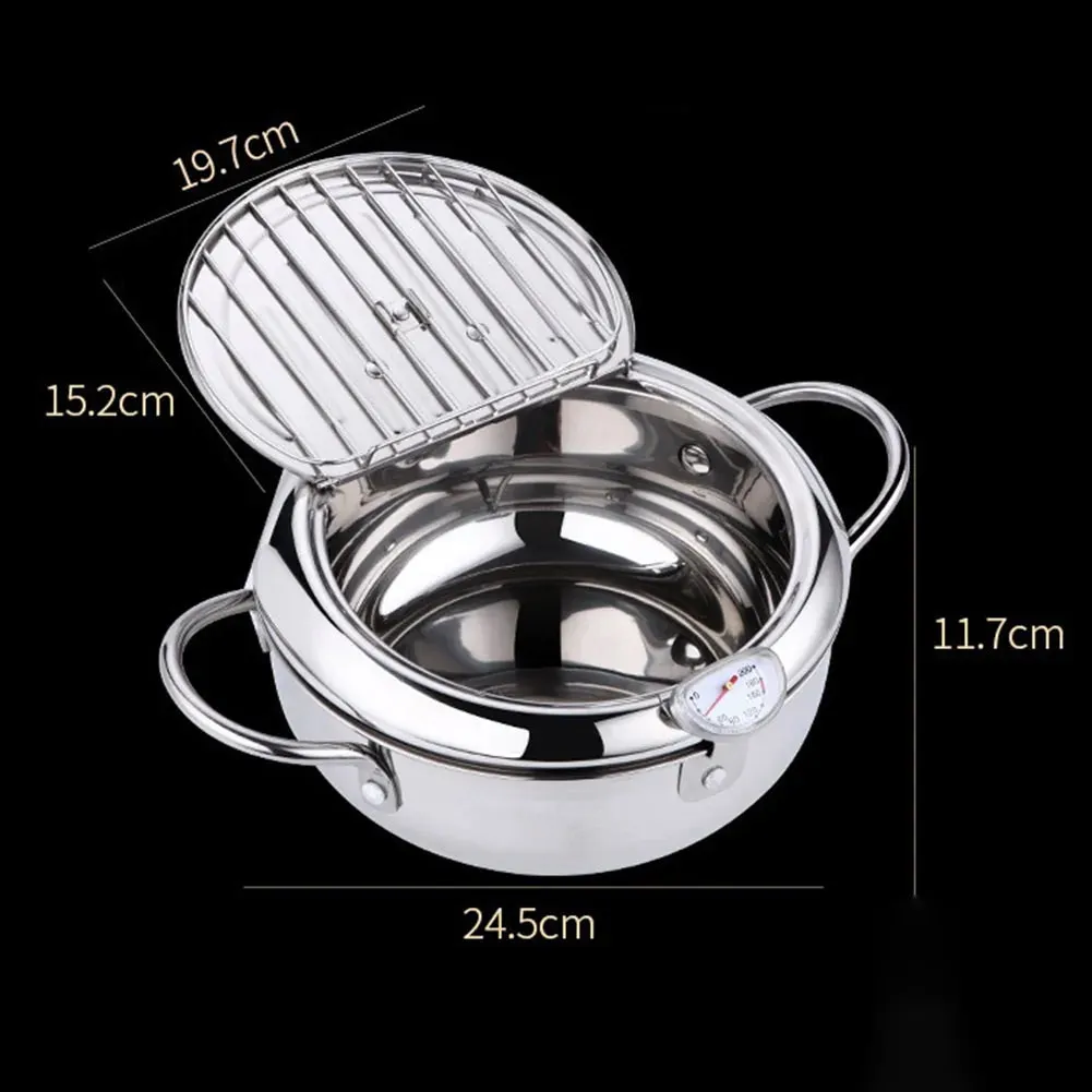 Japanese Tempura Deep Frying Pot with Built-In Thermometer - Stainless Steel