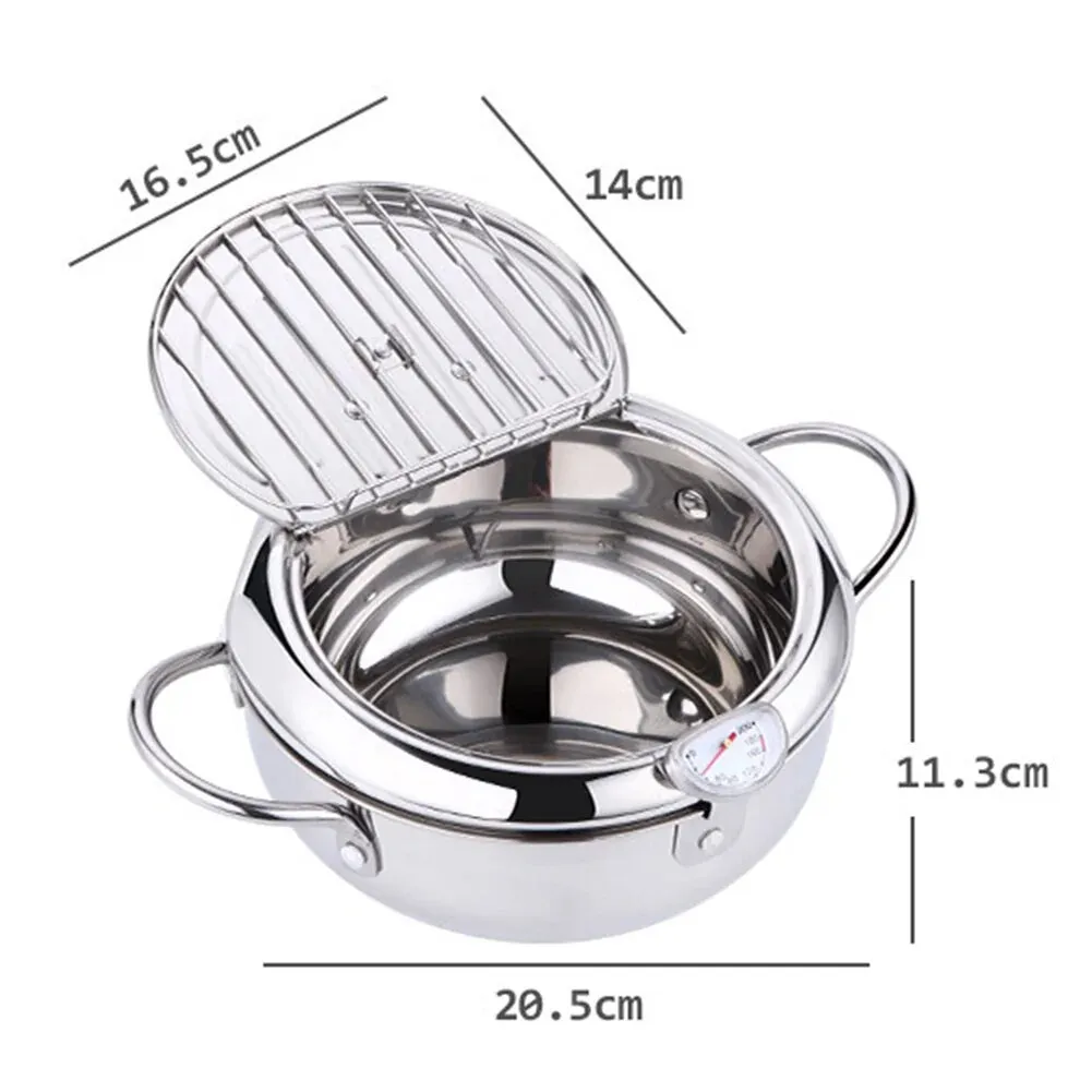 Japanese Tempura Deep Frying Pot with Built-In Thermometer - Stainless Steel