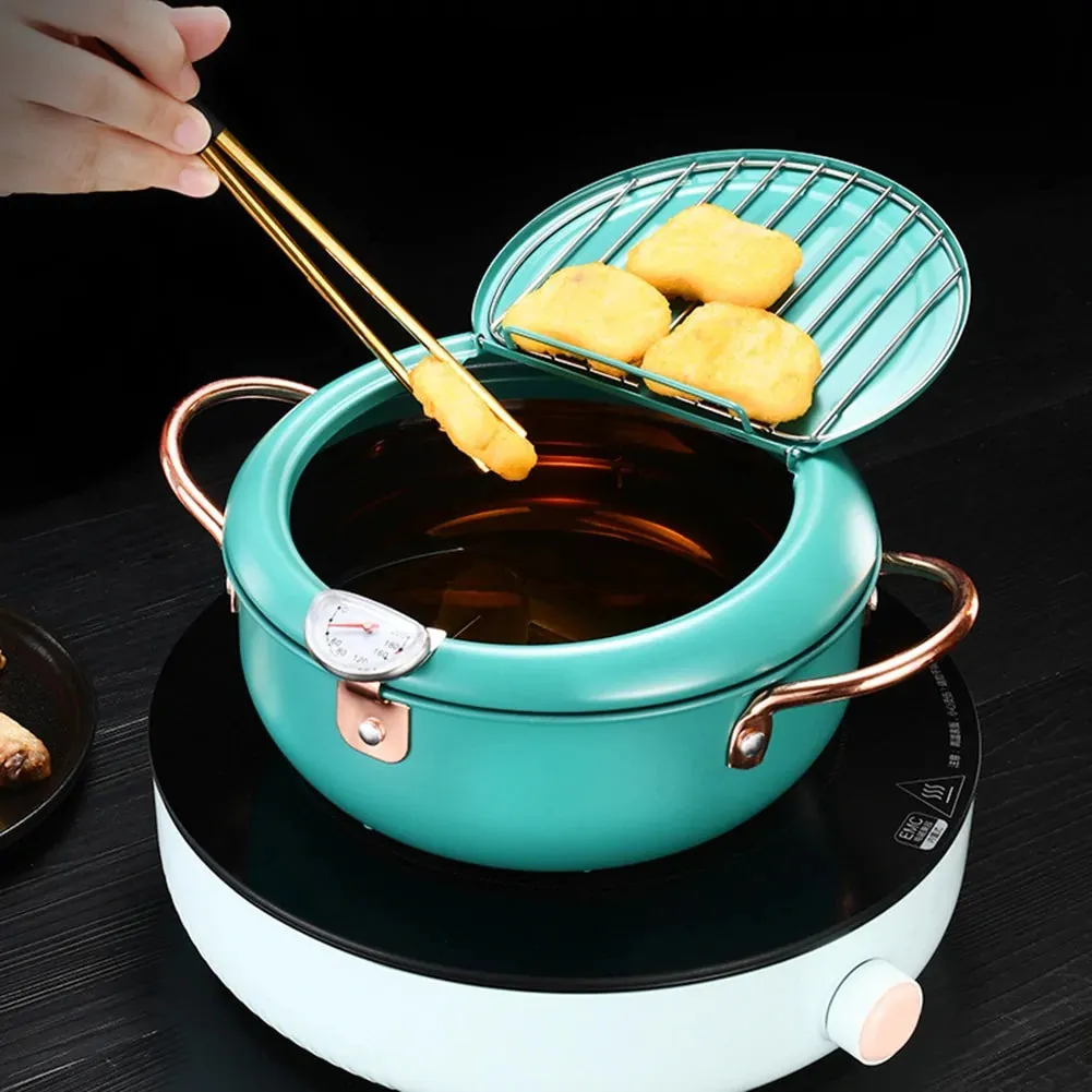 Japanese Tempura Deep Frying Pot with Built-In Thermometer - Stainless Steel