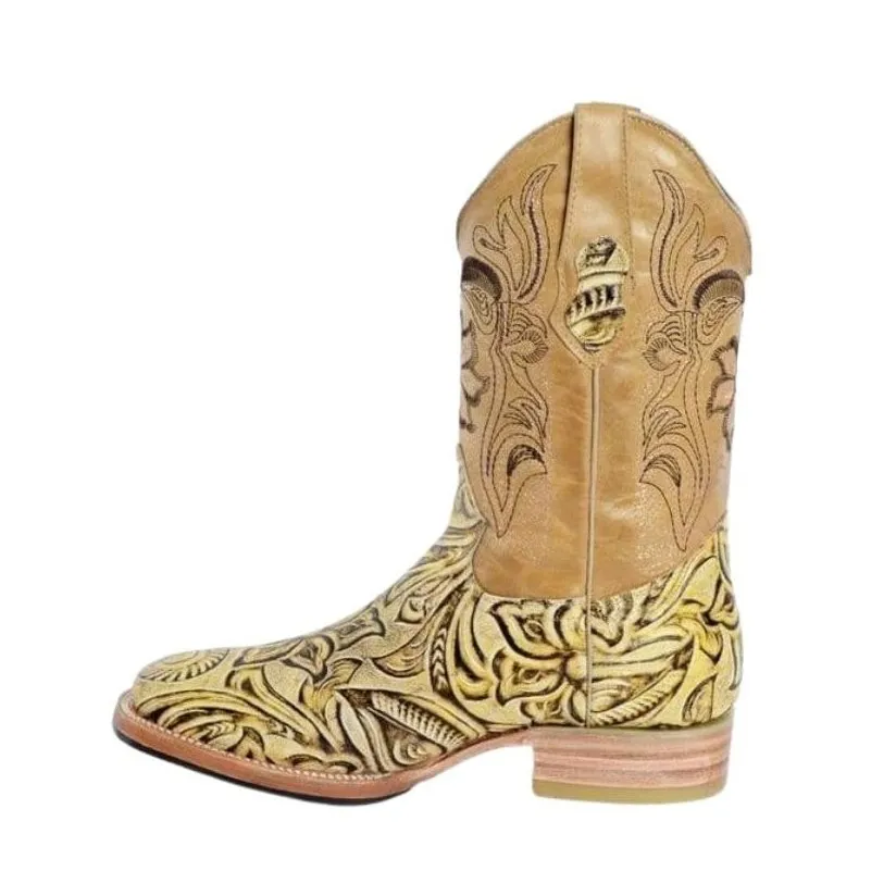 Joe boots 569 Hand Tooled Natural Combo Men's Western Boots: Square Toe Cowboy & Rodeo Boots in Genuine Leather with Belt 169